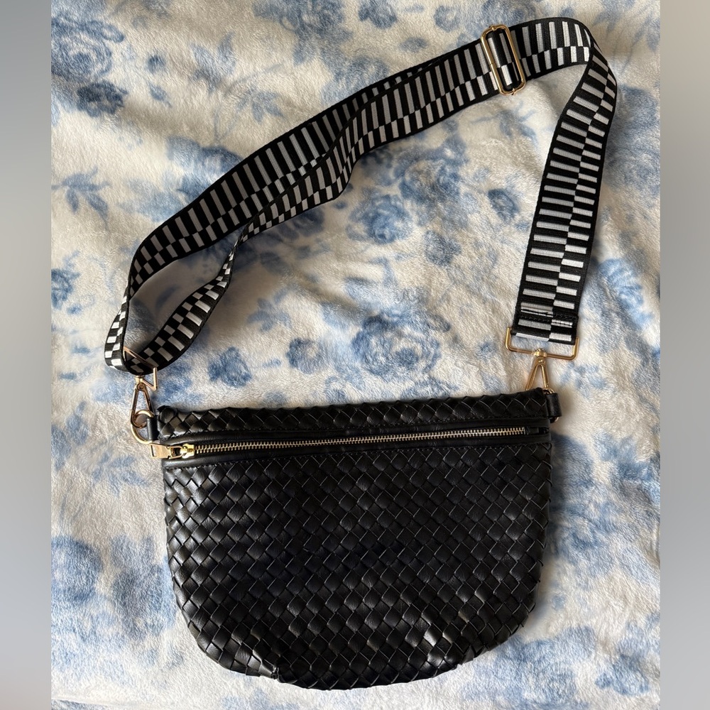 LIKE NEW Woven Black Fanny Pack Crossbody with Striped Adjustable Strap